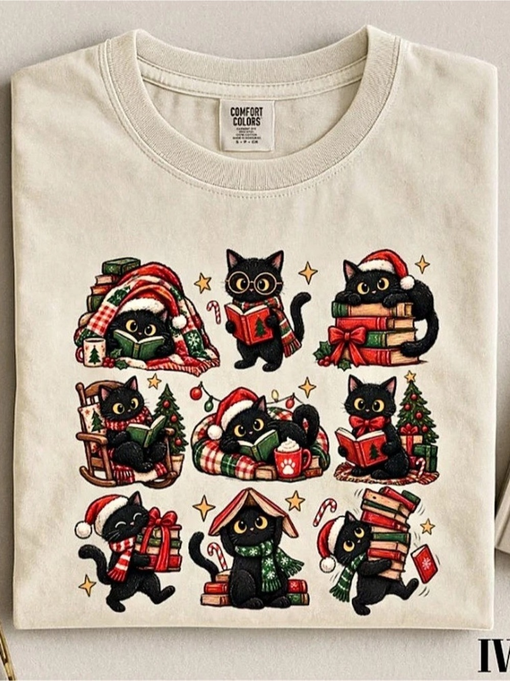 Christmas Black Cat Comfort Color T-Shirt, Cute Holiday Cat Graphic Tee